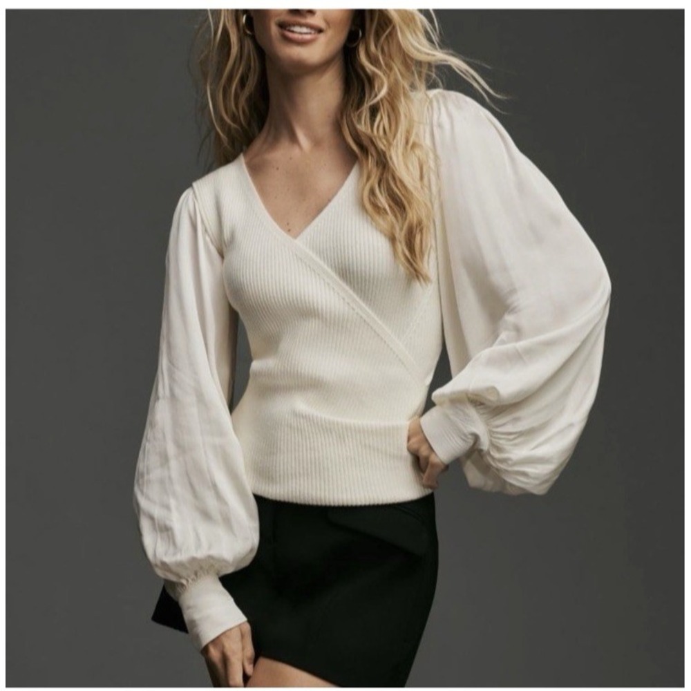 Anthropologie Top Womens Small Cream Knit Faux Wrap Ribbed Bishop Sleeve